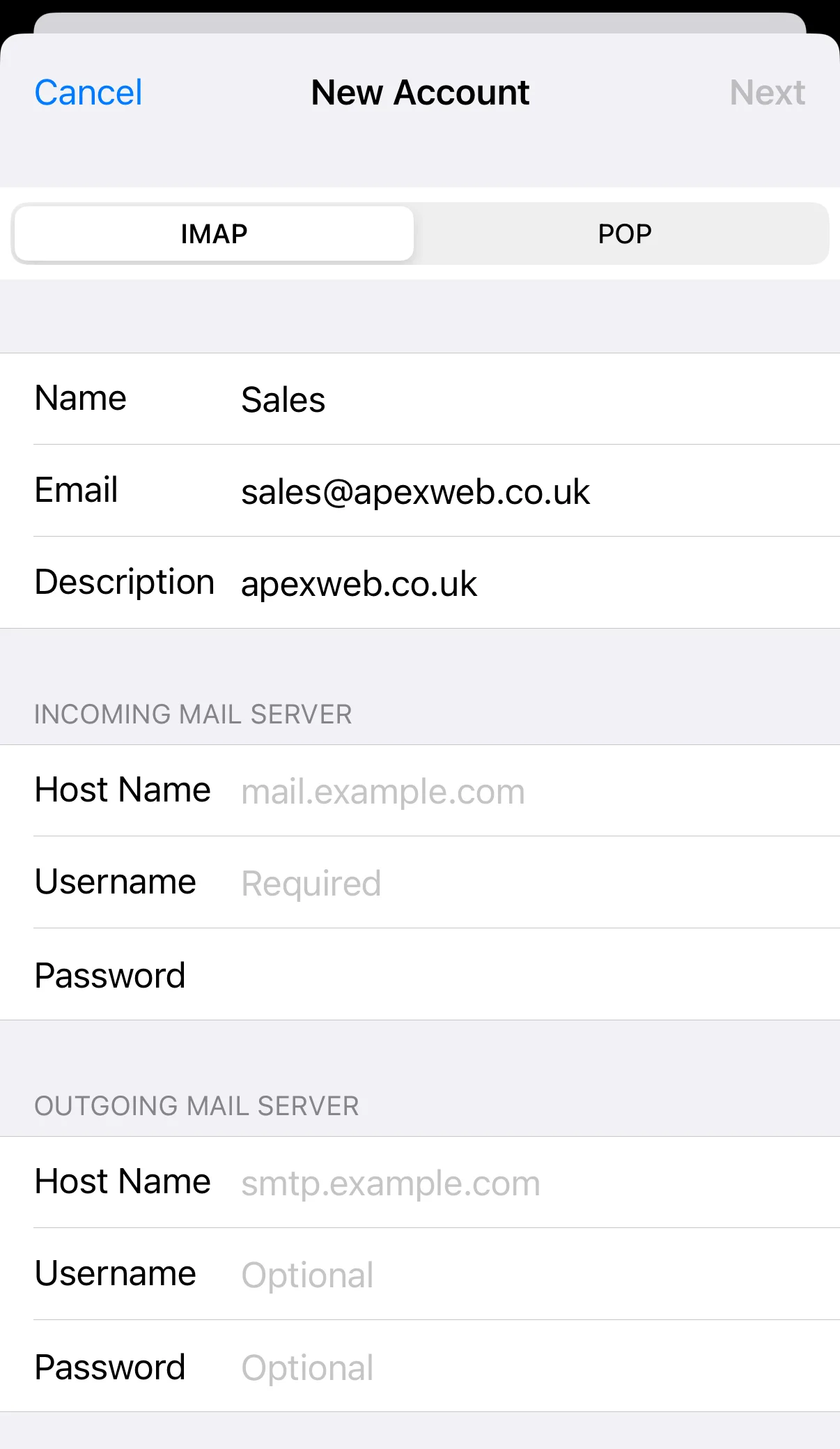 Account details screen